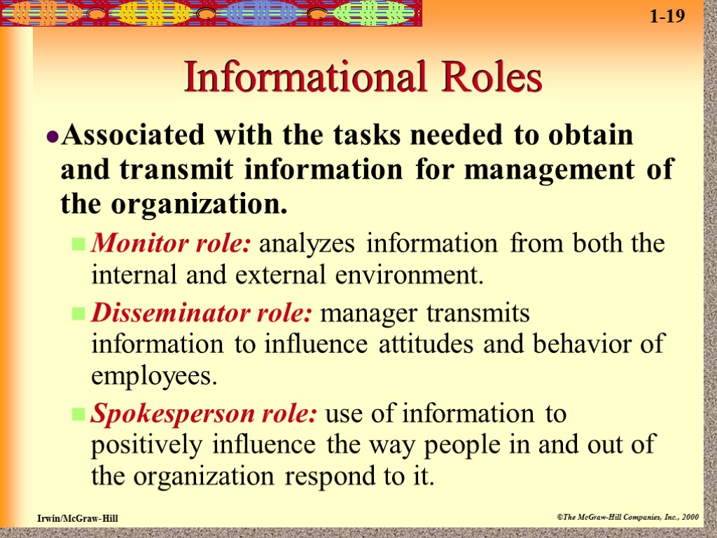 Informational Roles Associated with the tasks needed to obtain and transmit information for management